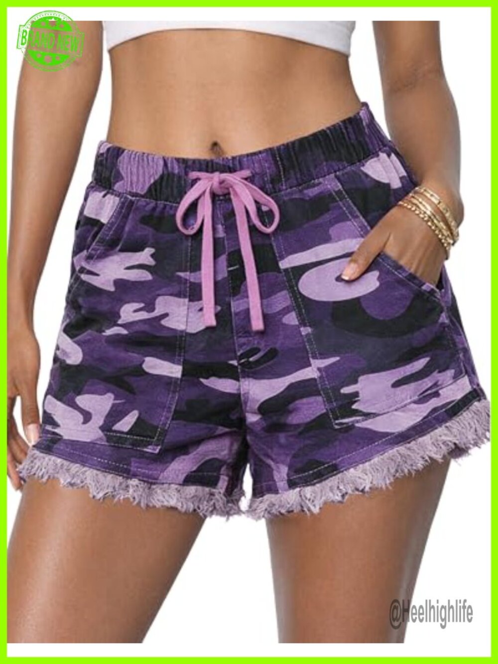Womens High Waist Pull On Drawstring Denim Shorts Raw Hem Fringe Camo